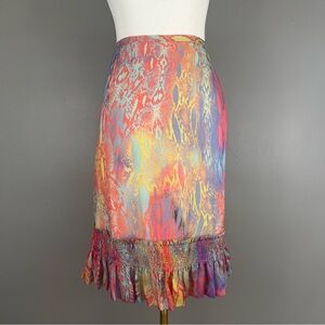 Leggiadro Size 12 Snakeskin Colorful Pastel Print Silk Skirt Shirred Ruffle Hem